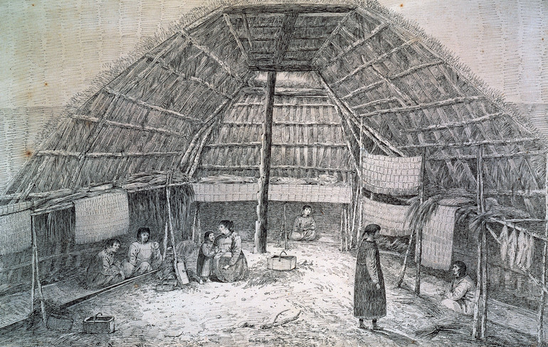 The interior of a hut in Oonalashka, Aleutian Islands in the 18th century